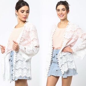 Chic White Lace Cardigan for Women With Pom Pom details